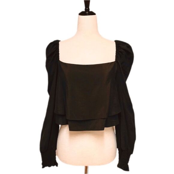 GIANNI BINI Brown Cropped Peasant Blouse Top Puff Sleeve Square Neck Small New - Picture 2 of 11